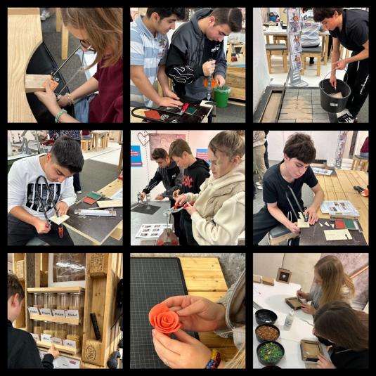 Schülerinnen und Schüler arbeiten im Makerspace mit verschiedenen Materialien
